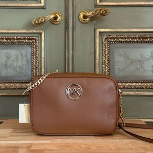 Michael Kors MK Logo Fulton Chain Crossbody Handbag luggage brown NWT Authentic